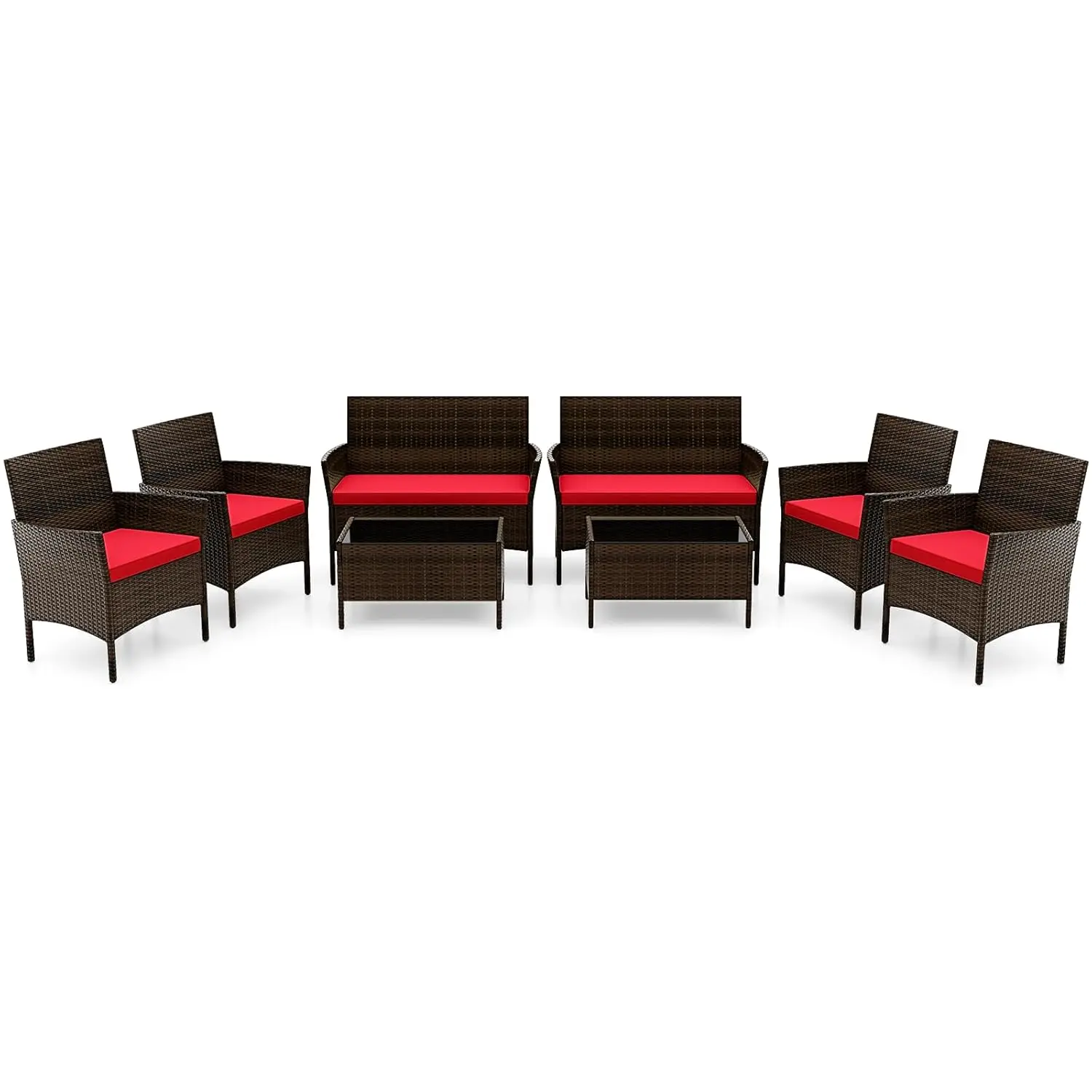 

8-Piece Patio Furniture Set - Rattan Outdoor Conversation Bistro Set w/Cushions, Glass Coffee Table, Wicker Chairs &, Custom