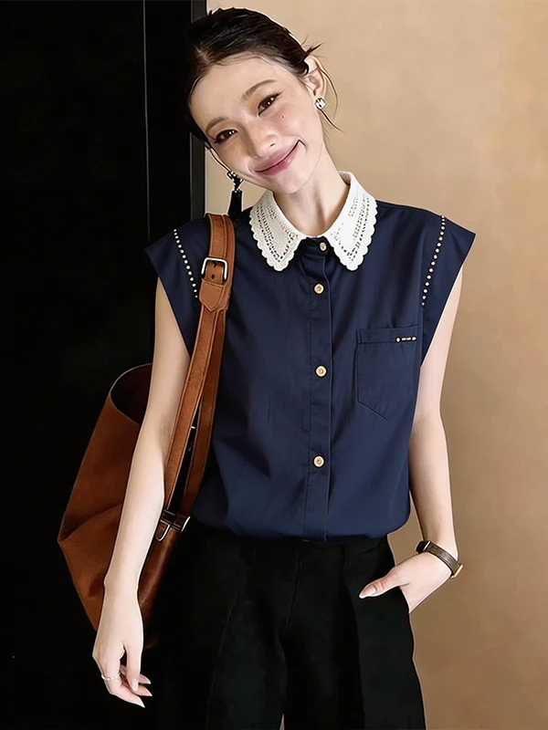 

Summer New Style Casual Ageless Sleeveless Collared Shirt Women's Loose Meat Concealing Single Buttoned Top Breathable Skin-F...