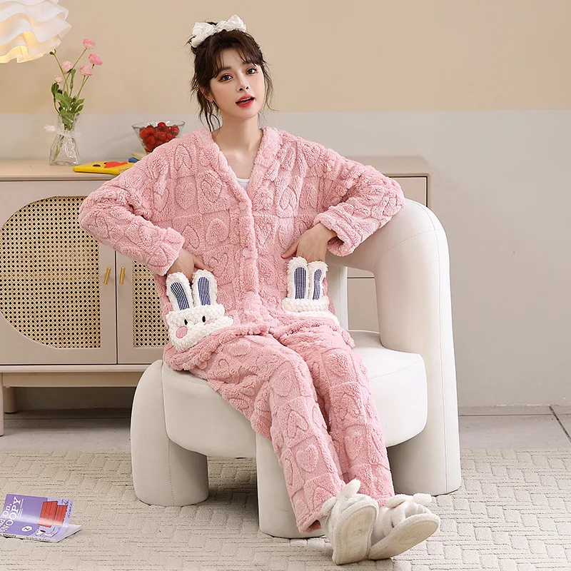 Winter Cute Plush Flannel Pajamas Sets Women's Kawaii Bunny Ear Pockets Long Sleeve Sleepwear Thicken Sweet  2 Piece Nightwear