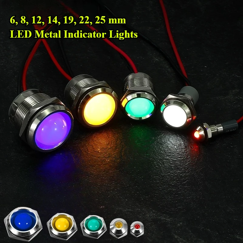 LED Metal Indicator Lights: 6/8/12/14/19/22/25 mm Single-Color, Power-Supply-Type, Weatherproof Signal Lights (12-24V, 220V)
