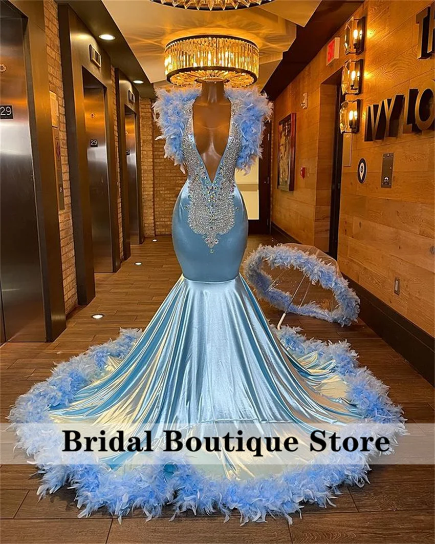 

Luxury Blue Long Prom Dress Elegant Diamonds Crystals Birthday Party Feathers Evening Gown For Wedding Robe Customized
