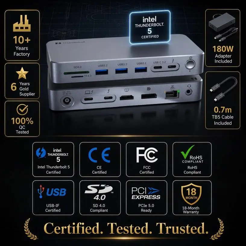 Thunderbolt 5 Dock 15-in-1 8K120Hz HDTV DP 140W 80Gbps USB3.2 10Gbps NVMe 8TB SSD 2.5G LAN Aluminum Hub MacBook/Windows PC Stock