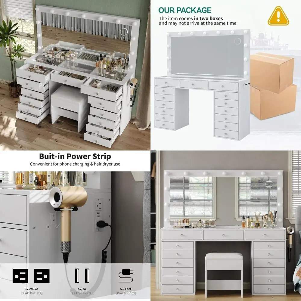 

55 White Vanity Desk with Mirror, Lights, and Charging Station for Makeup, Adjustable Bright LED, Glass Top with Chair