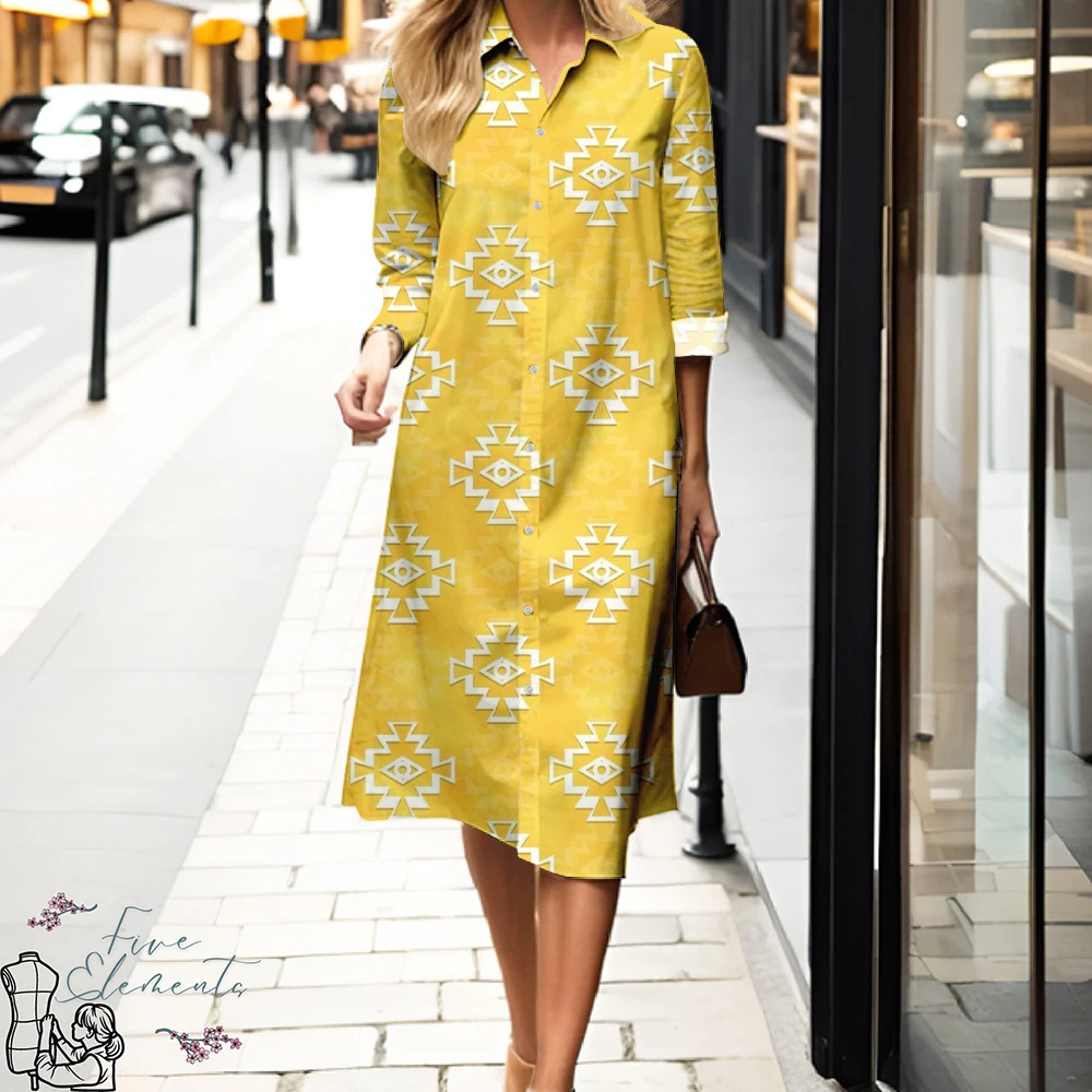 2025 봄과 가을 여성용 플로럴 프린트 셔츠 드레스 신상 브이넥 긴팔 편안한 드레스 패션 스트리트 스타일 우아함