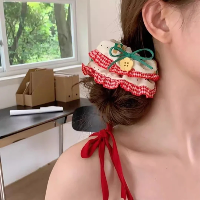 Cute Cherry Bear Fabric Lace Edge Hairband Female Bow Large Intestine Hairband High Elasticity Female Hairstring Hair Accessory - Image 2