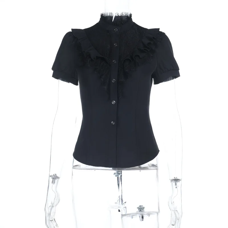 Chic Kant Patchwork Vintage Gothic Shirt Vrouwen Y2k Zwart Korte Mouw Japanse Lolita Shirts Donkere Zoete Outfits Zomer Nieuw