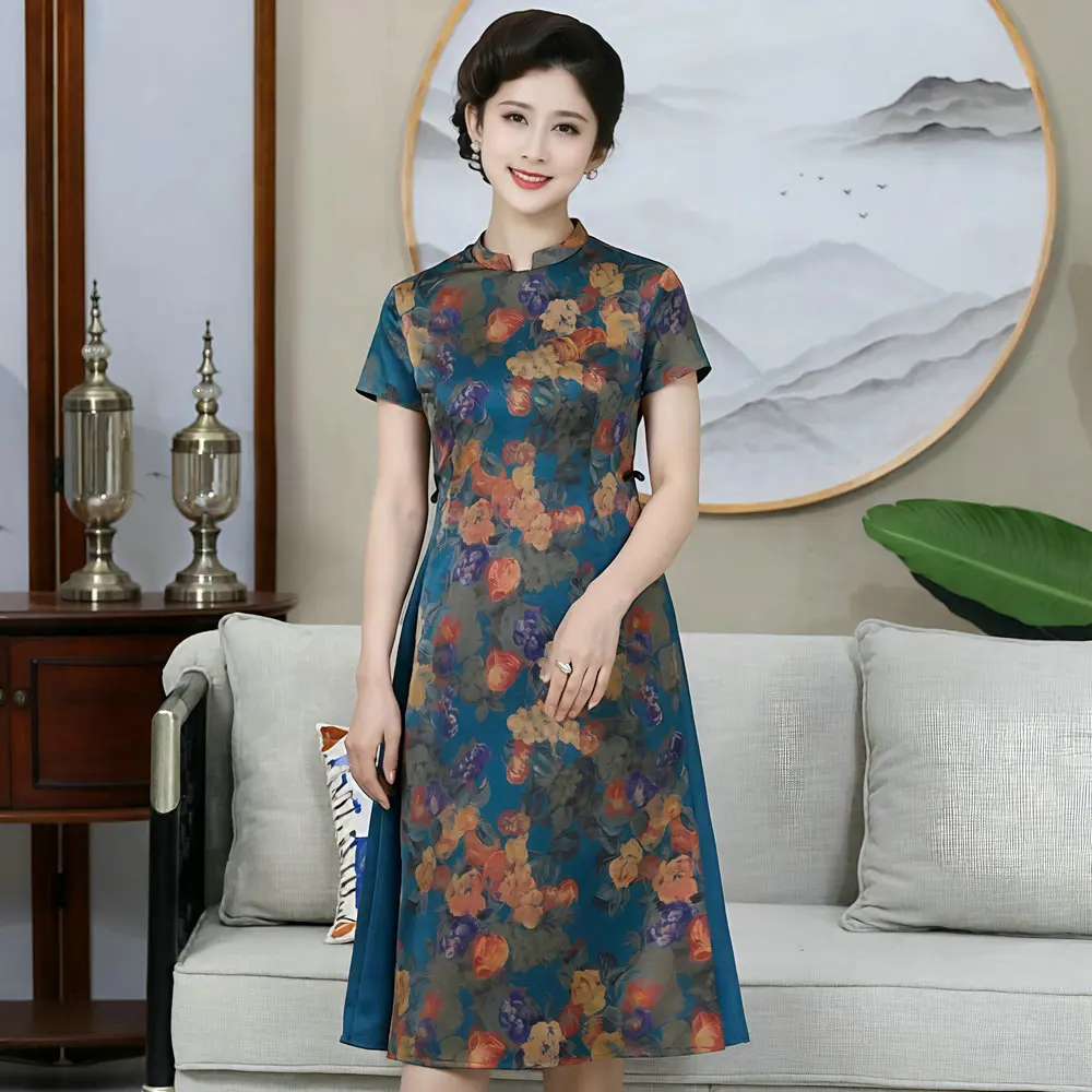 

Women Georgette Dresses Red Green Floral One Piece Robe Mandarin Collar Short Sleeve Refinement Cheongsam Style Attire Oriental