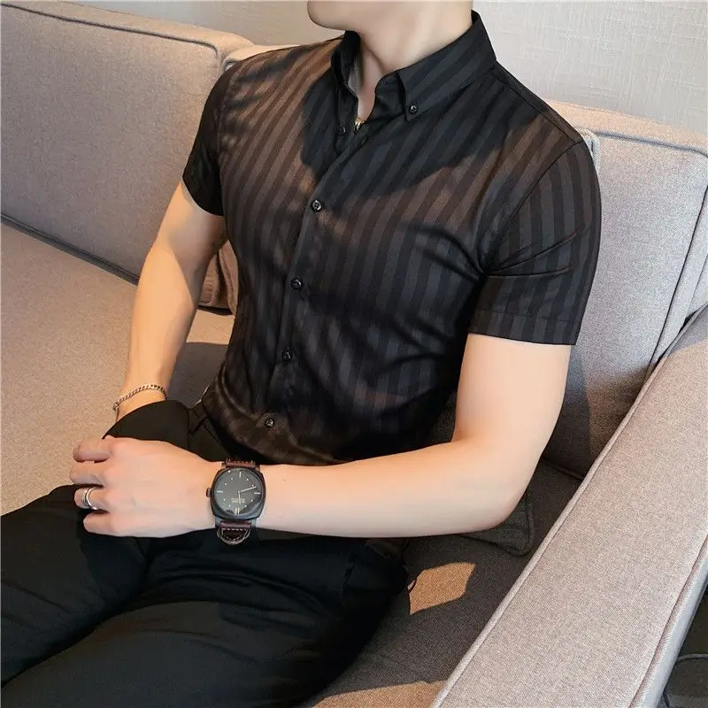 Men's Clothing Thin Spring Summer Button Short Sleeve Temperament Turn-down Collar Handsome Striped Office Premium Casual Shirts