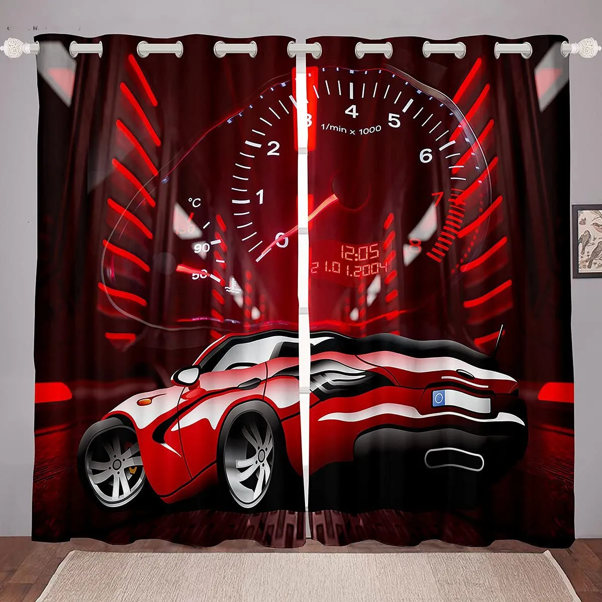 

3D Printing Custom Curtains Cool Racing Car Pattern Printing Boys Room Living Room Gaming Room Decorative Curtain Grommet Top