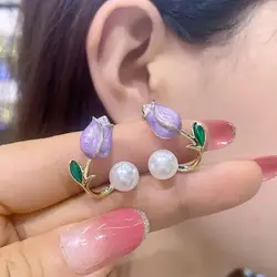 French Light Luxury Pink Tulip Flower Pearl Stud Earrings For Women Korean Zircon Exquisite Earring Party Christmas Jewelry Gift