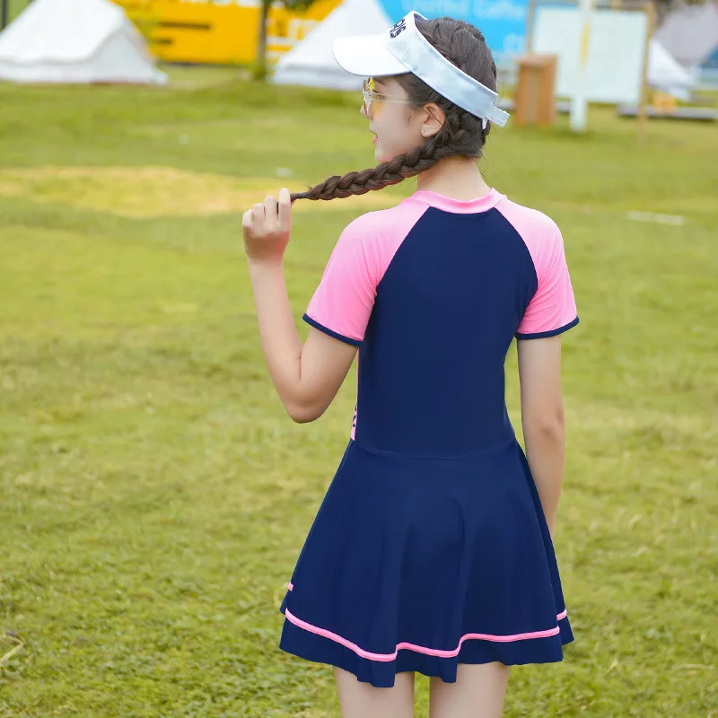 Nuevo traje de baño para niñas, traje de baño de manga corta para niños, traje de baño deportivo de una pieza, ropa de playa de secado rápido para chicas grandes y medianas