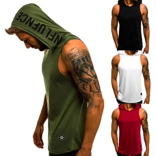 Solid Color Casual Men Muscle  gym Hoodie Tank Top  Letter Loose cotton Bodybuilding Sleeveless Vests Hooded Men T-shirt