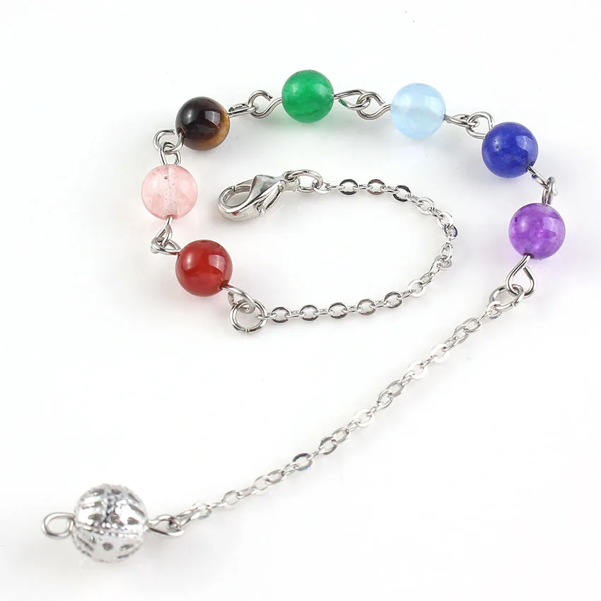 Charms 2pcs Silver Plated 7 Chakra  Round Stone Beads ReiKi Chakra Pendulum Chain Necklace For Divination Dowsing Jewelry