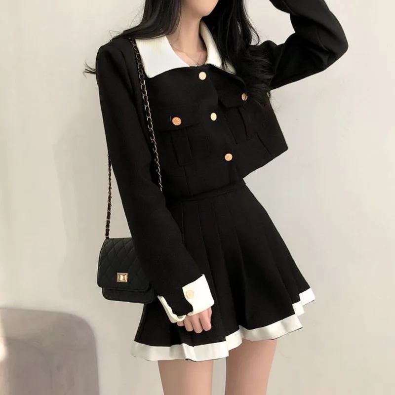 2 Pcs Sets Women Spring Sweet Girls French Style Fashion Gentle Casual Button All-match High Waist Pleated Design Prevalent Chic