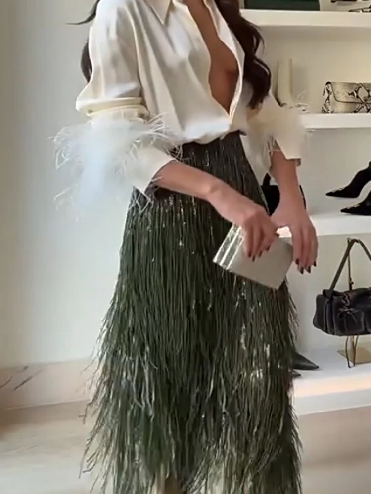 موضة التلبيب زر قميص وتنورة مهدب مجموعة المرأة عادية كم طويل تنورة الحفلات وتتسابق أنيقة مطرزة تنورة طويلة 2 قطعة دعوى #2