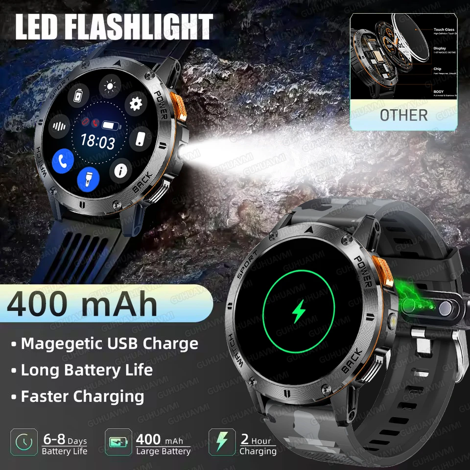 2025New ساعة ذكية تعمل باللمس الكامل شاشة AMOLED 400MAH GPS الرياضة اللياقة البدنية البوصلة مراقبة الصحة BT5.0 دعوة أضواء LED Smartwatch