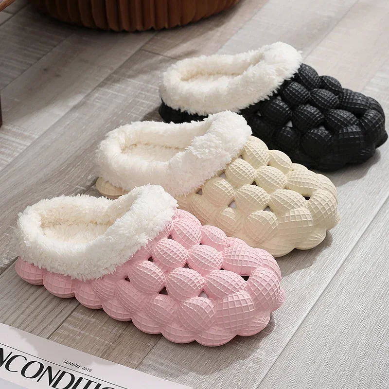 Winter Slippers Women Men Massage Bubble Furry Slippers Unisex Eva Waterproof Home Shoes Toe Closed Bubble Slides Smoking Shoes