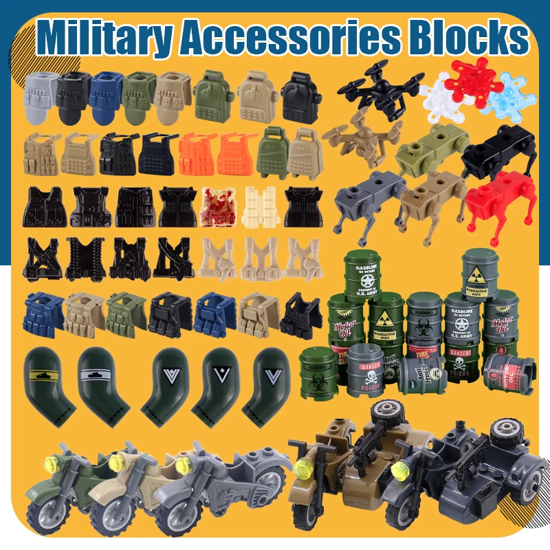Moc acessórios militares blocos de construção colete tático drone robô cão motocicleta barril óleo cena do exército modelo tijolos brinquedos presentes