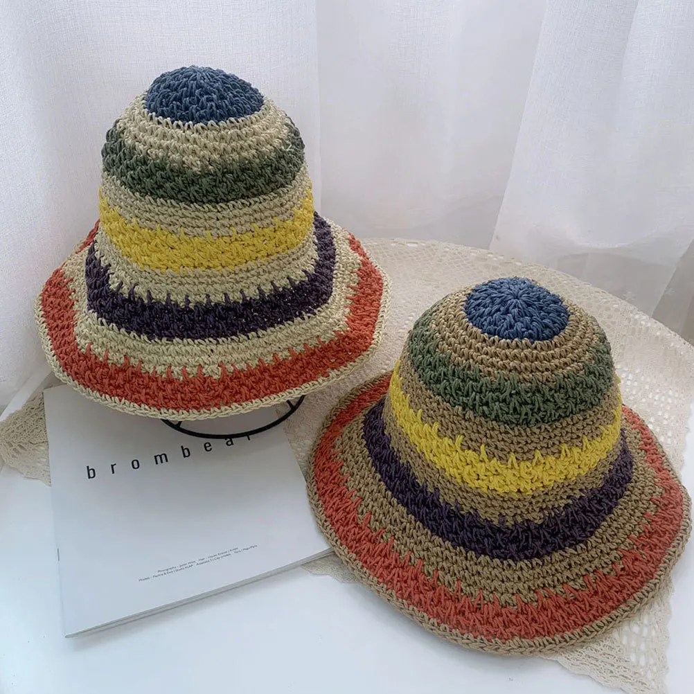 

Straw Sun Foldable Colorful Stripes Hat Summer Beach Fishing Vacation Travel Outdoor Sun Protection Woman Hat Straw