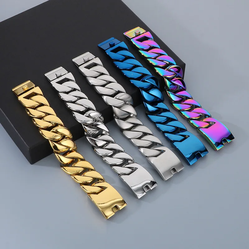 31MM Punk Gold Color Stainless Steel Curb Cuban Bracelet Necklace Men Women Hiphop Rainbow Biker Bike Chain Bracelets Jewelry