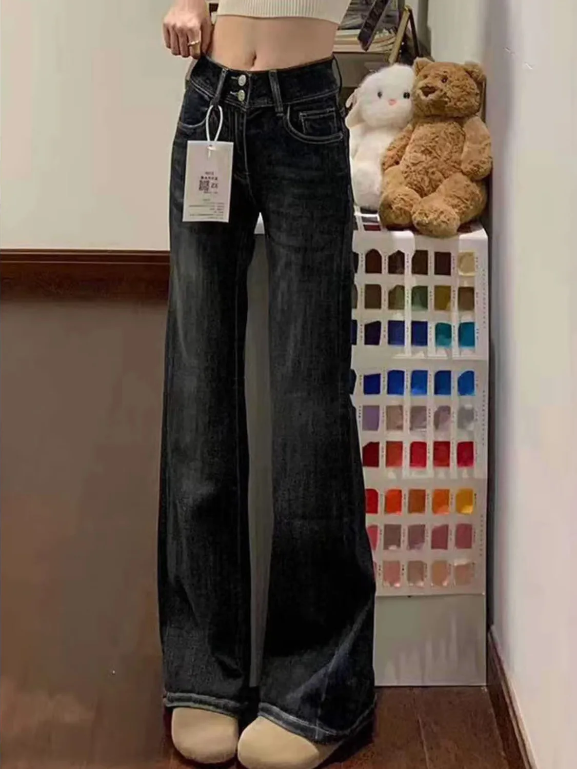 Women's Vintage Washed High Waist Wide Leg Jeans Double Button Denim Pants Slimming Leg-Lengthening Trousers