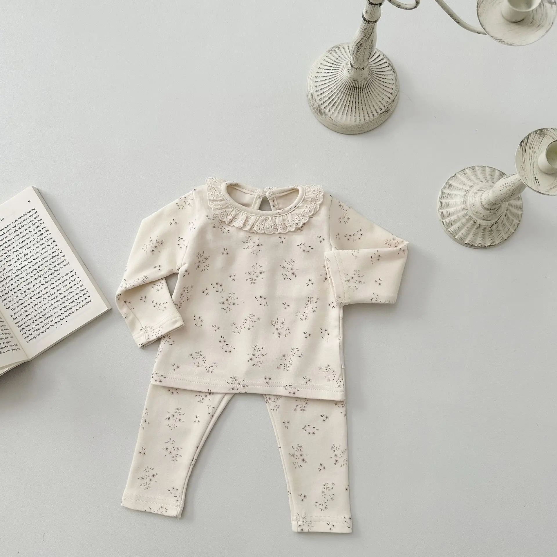 2024 Autumn New Baby Girl Vintage Floral Home Clothes Set Infant Cute Lace Collar Bottoming Shirt Suit Toddler Casual Outfits