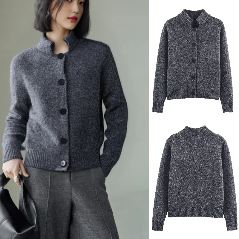 

Осенняя мода, модный сексуальный вязаный открытый кардиган с воротником-стойкой и золотой нитью, стиль 2025, элегантная повседневная верхняя одежда для женщин