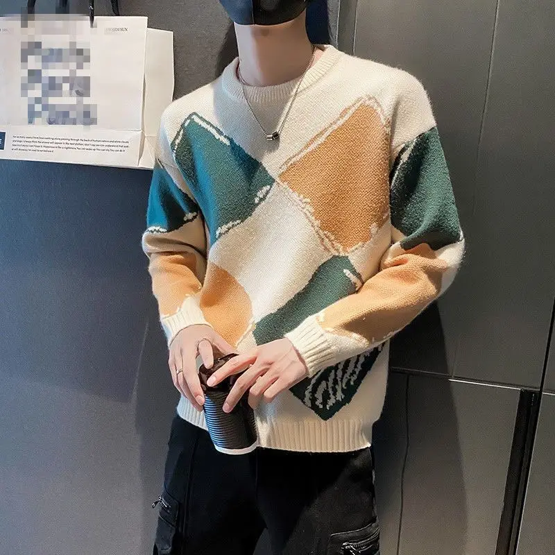 Knitted Sweaters for Men Contrasting Colors Round Collar Pullover Man Crewneck Knitwear Grunge Korean Popular Clothes Top Woven