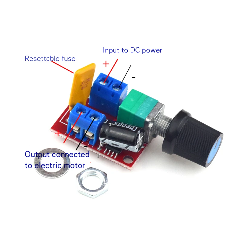 Regolatore Di Velocità PWM Per Motori DC 3V-35V 5A – Controllore Con Fusibile Riarmabile E Potenza Max 90W