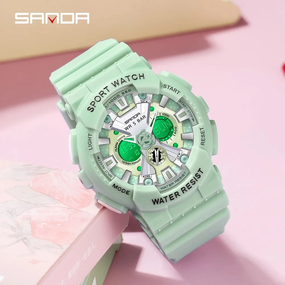 SANDA 6068 Multifunctional Electronic Womenes Watch  Waterproof Dual Display Luminous LED Digital Watch Fashion Women Watches