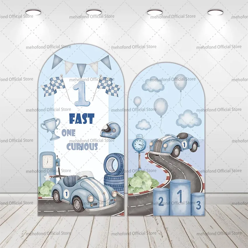Mehofond Custom 2-Sided Blue Race Car Racing Fast One Boy Birthday Party Baby Shower Cover Chiara Arch Background Decor Backdrop