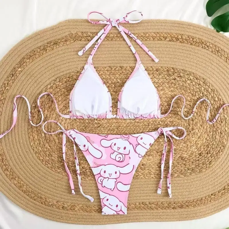 2Pcs Cartoon Cinnamoroll Print Bikini Set Women Pink White Halter Triangle Swimsuit Tie Side Two-Piece Bathing Suit Beachwear view 4