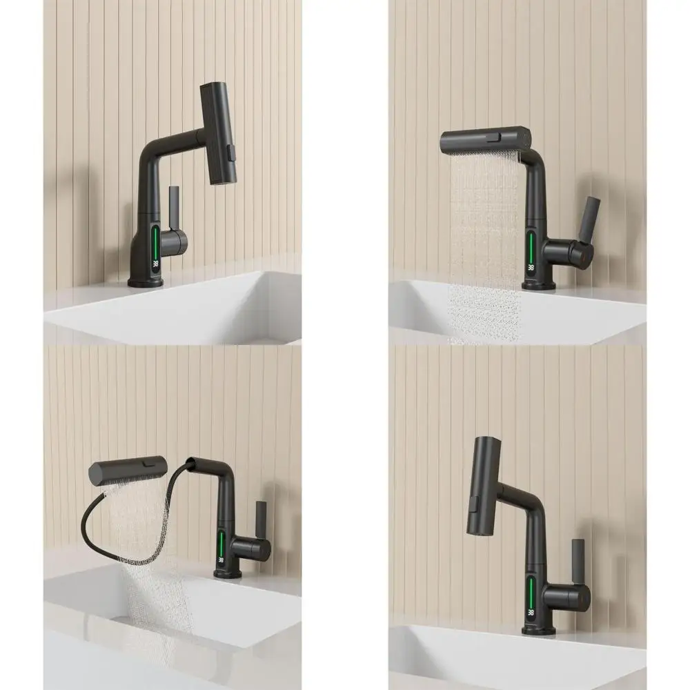 

Matte Black Single Handle Pull-Out Faucet with Rainfall Head and Digital Temp Display for Vanity Sinks