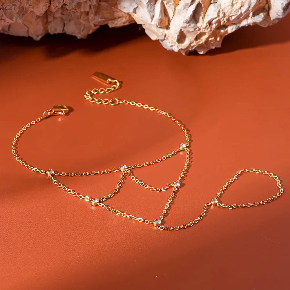Elegant Connected Pavé Hand Harness 18K Gold Plated Dainty Sparkle Stainless Steel Chain Everyday Stackable Jewelry for Women