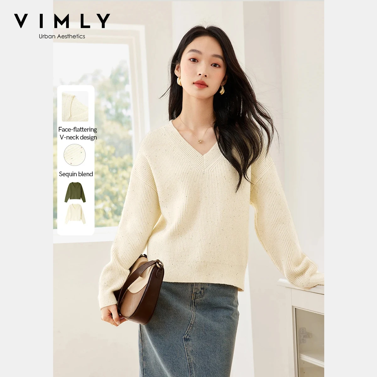 

VIMLY Versatile V-neck Pullover Sweaters for Woman 2025 Autumn Long Sleeve Jumpers Loose Fit Knitted Tops Female Clothing 73516