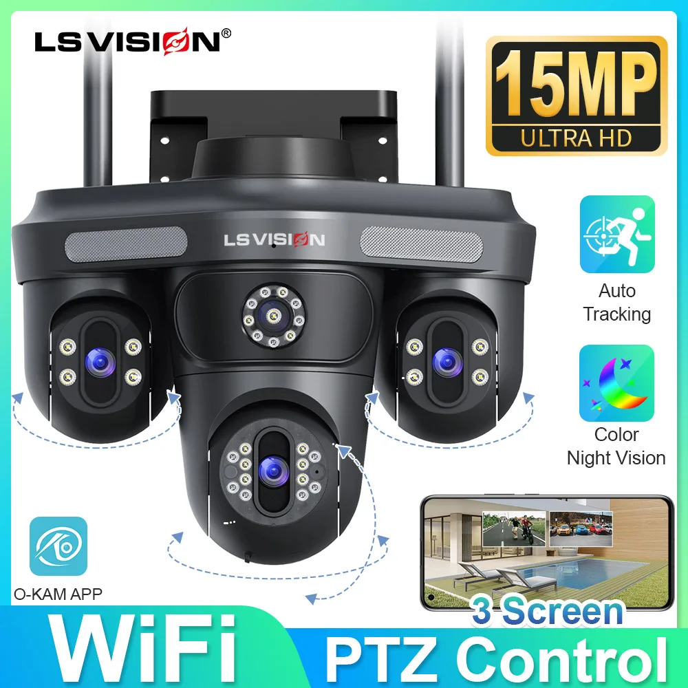 LS VISION 8K 15MP IP Camera Three Lens PTZ WiFi Outdoor Waterproof Auto Tracking PTZ Security CCTV Video Surveillance Cam IP66