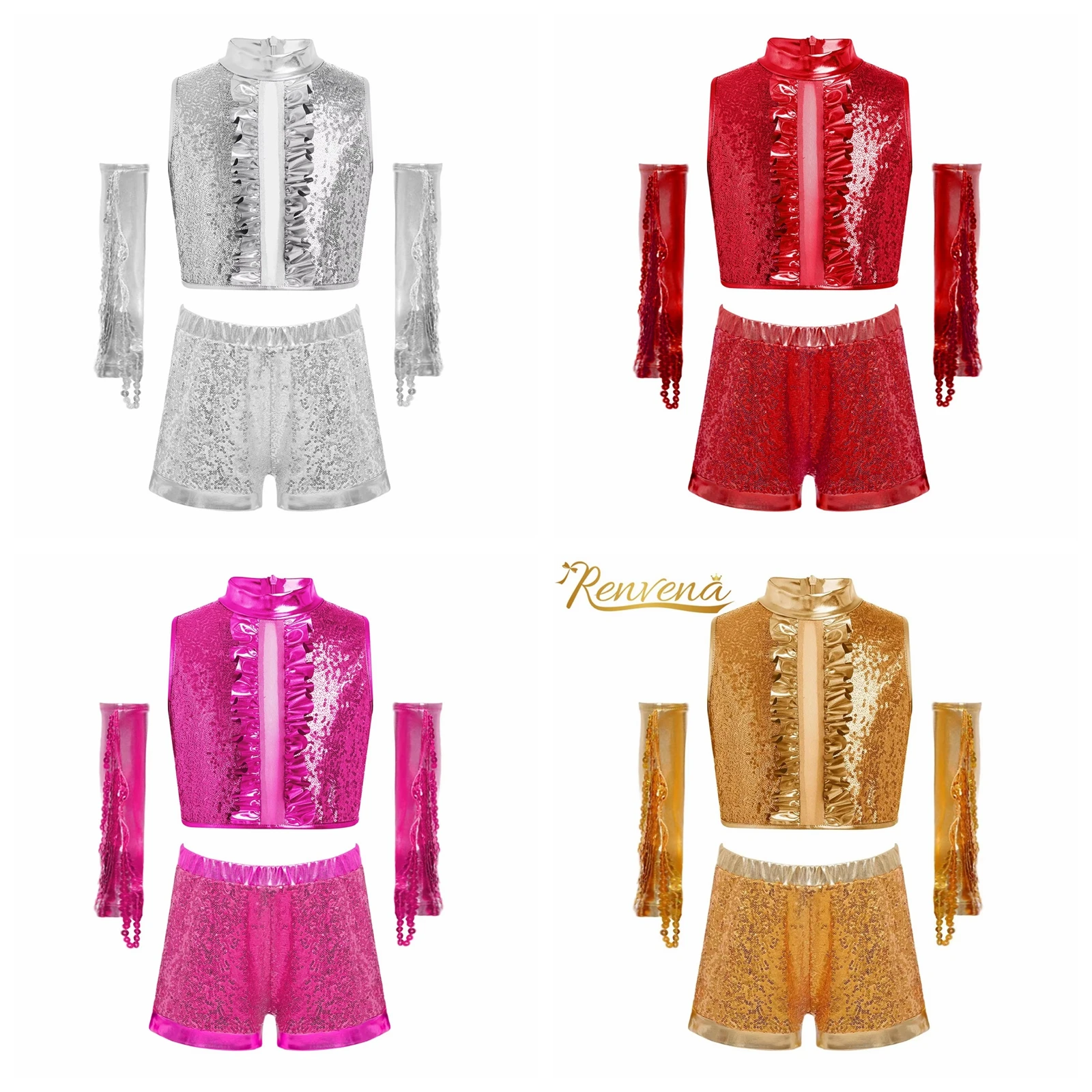 Conjuntos de Guantes con Lentejuelas Metálicas Brillantes para Niñas, Estilo Disco de los 70 y 80, Trajes para Niños, Ropa para Espectáculos de Baile Urbano y Hip Hop