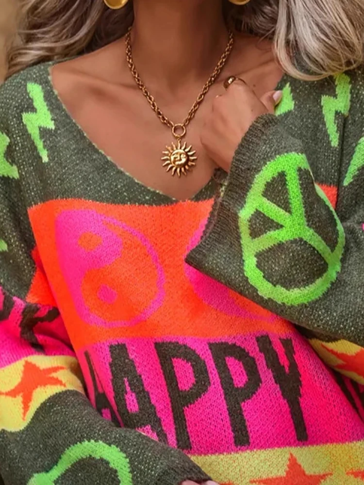 

Осенняя модная вязаная толстовка с принтом, сексуальный женский зимний свитер с v-образным вырезом и длинными рукавами, повседневный свободный уличный теплый свитер