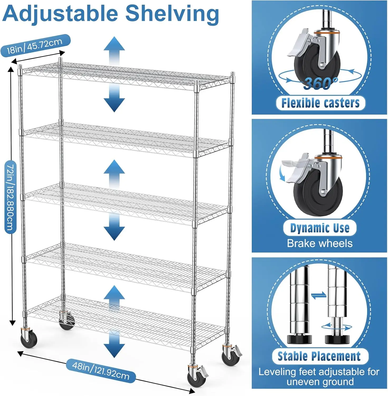 Prateleiras de arame Luxspire com rodas, prateleiras de armazenamento ajustáveis de nível comercial resistentes de 3000LB, prateleiras de metal com certificação NSF U