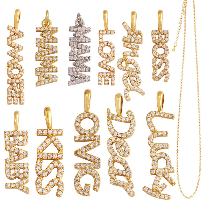 New Fine LOVE KISS BABY ANGEL DEAR MAMA LUCKY Letter Charm Pendant Jewelry, Trendy Necklace Accessories Hand Making Supply K50