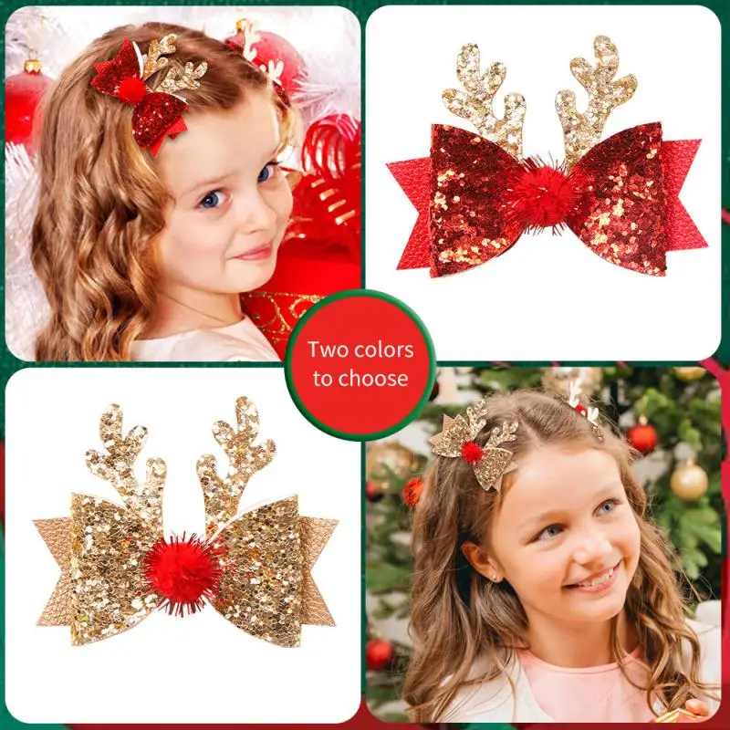 Clips Baby Kids Glitter Bow Fur Ball Hairpins Christmas Ornaments Headdress Girl Hair Accessories Children Cute Antlers Bow Hair