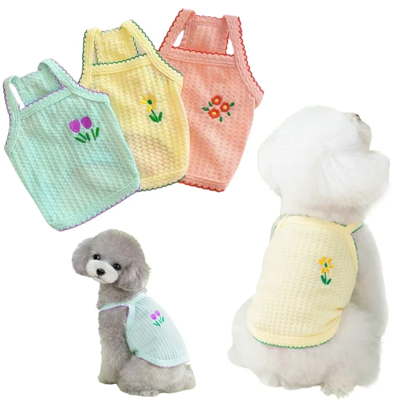 귀여운 꽃 패턴 강아지 셔츠, 얇은 부드러운 조끼, 고양이 단색 셔츠, 치와와 요크키 패션 의류, 애완 동물 용품, 여름