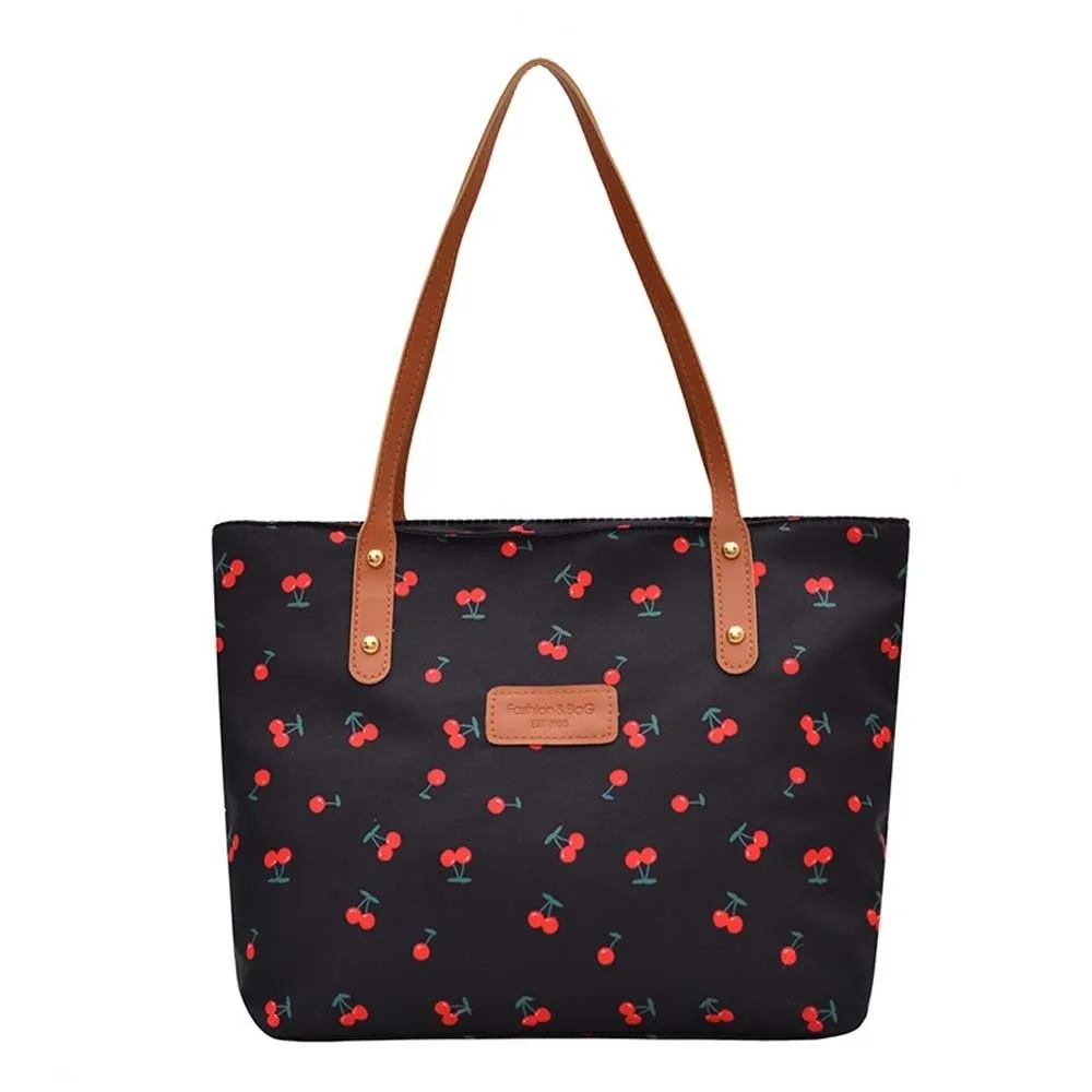 Korean Style Cherry Printed Tote Bag Solid Color Lightweight Patterned Canvas Handbag Large Capacity Trendy Women Shoulder Bag