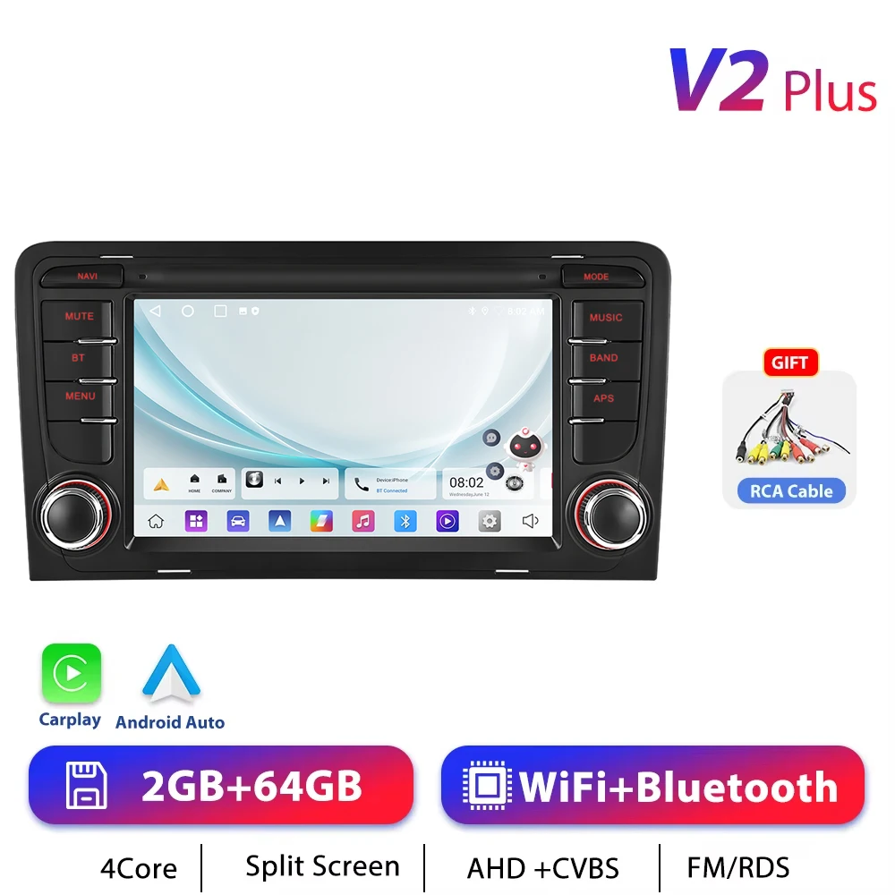 Podofo CarPlay Android Radio Voor Audi A3 8P 2003-2012 Auto Intelligent Systeem 2din GPS Stereo Multimedia speler RDS FM Autoradio
