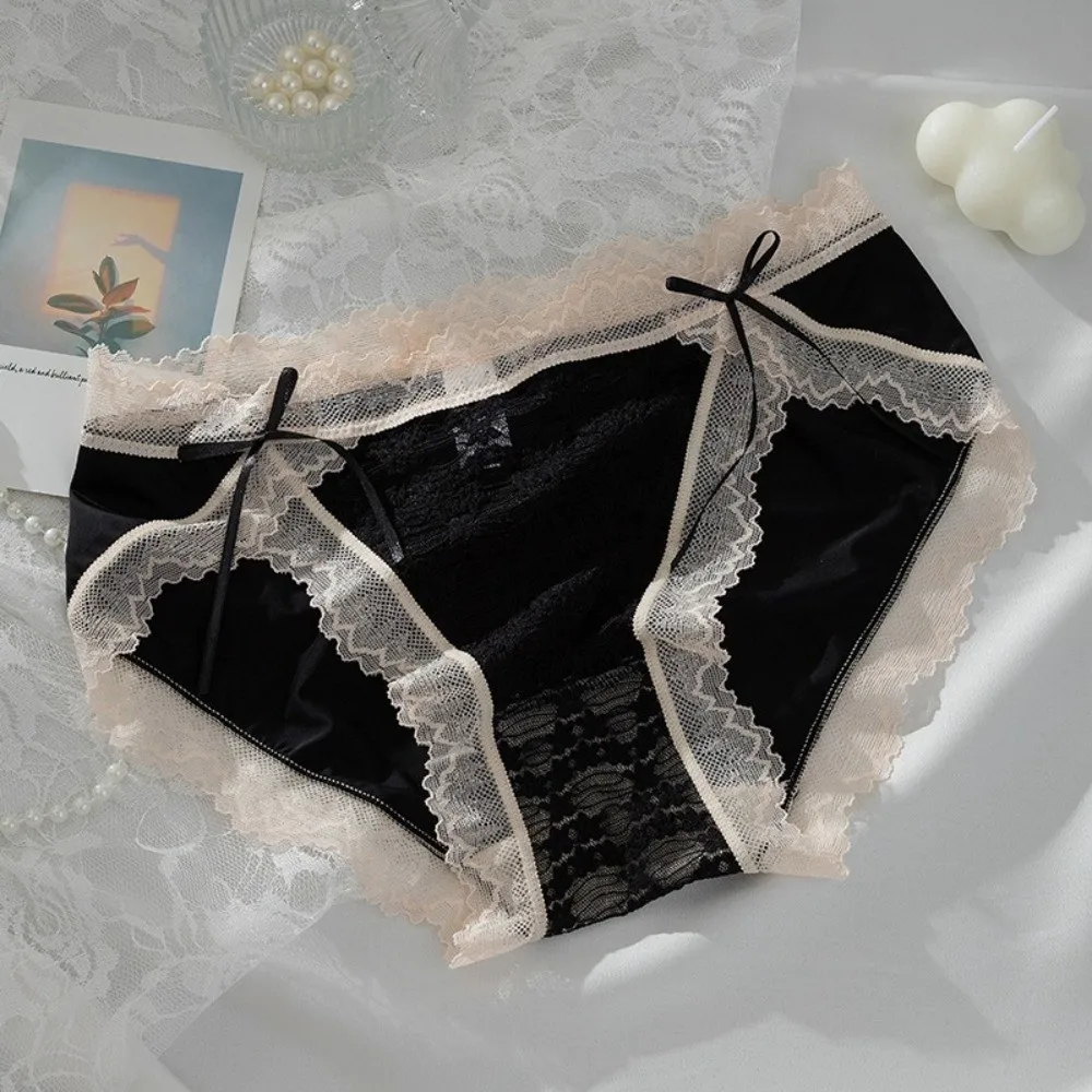 Breathable Low Waist Lace Panties Bow Lingerie Mesh Lace Briefs Ice Silk Seamless Underwear Summer