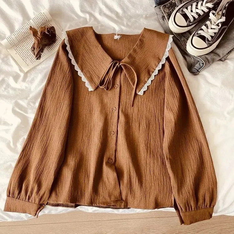 

Design Lace Baby Collar Ribbon Shirt Women's Versatile Sweet Age-Reducing Top