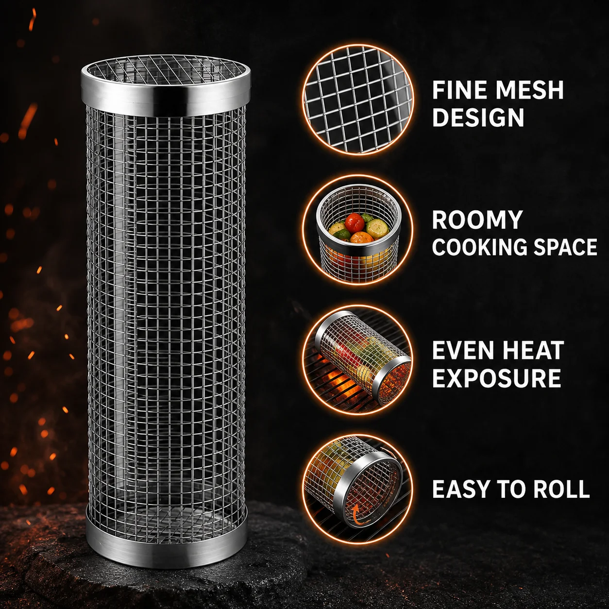 304 Stainless Steel Round BBQ Grill Basket Rotating Barbecue Cage for Air Fryer Oven Vegetables Fries Popcorn Roasting