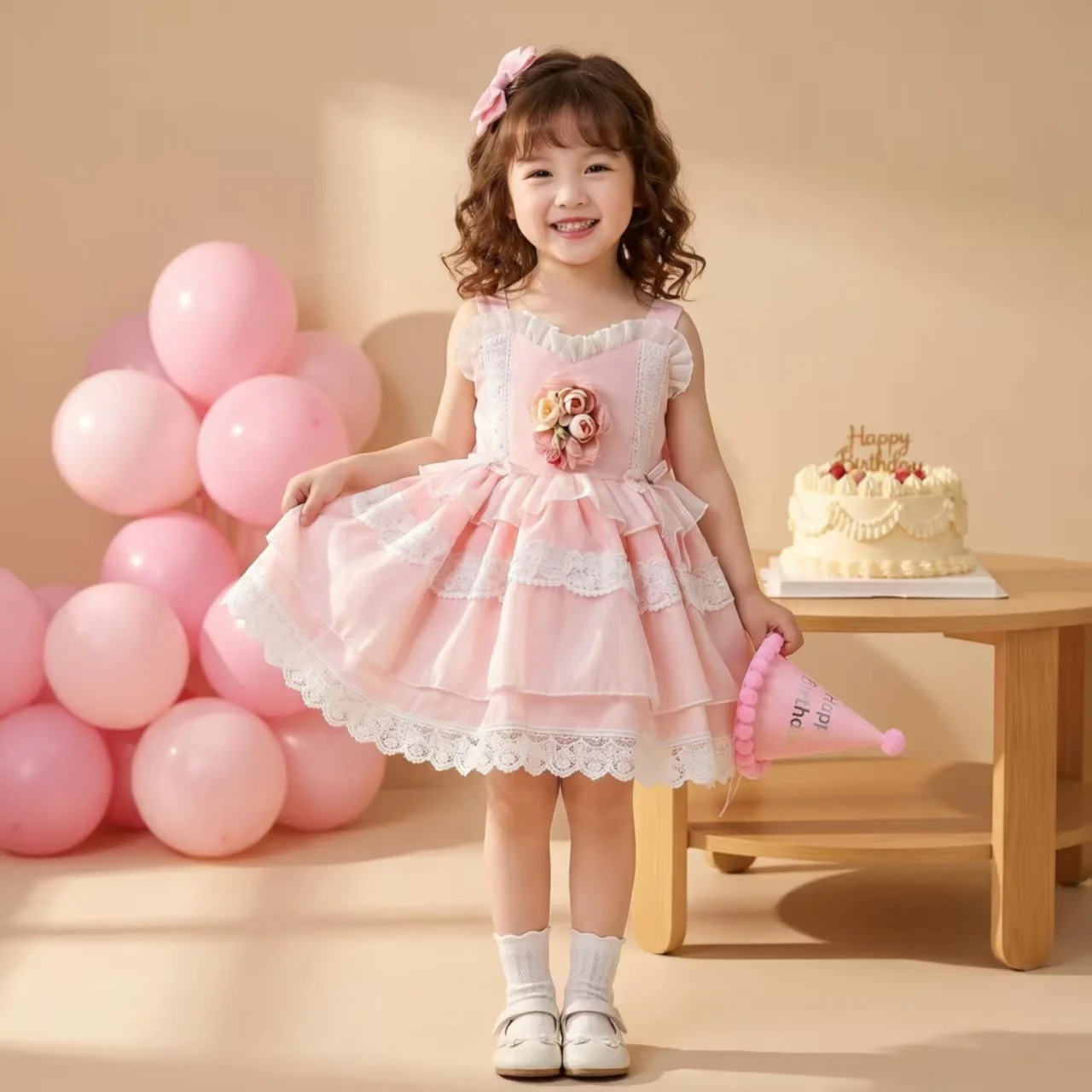 Ins Handmade Girls' Pink Wedding Princess Dress Baby Girl Birthday Boutique Costume Flower Kids Puffy Skirt Tie Fashion Clothes