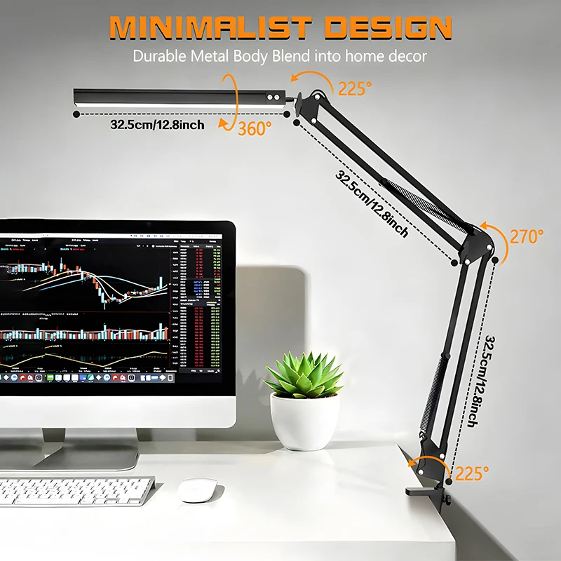 LED Clamp Desk Lamp Adjustable Long Swing Arm, 3 Modes Dimmable Reading Light USB Powered for Home Office Workbench