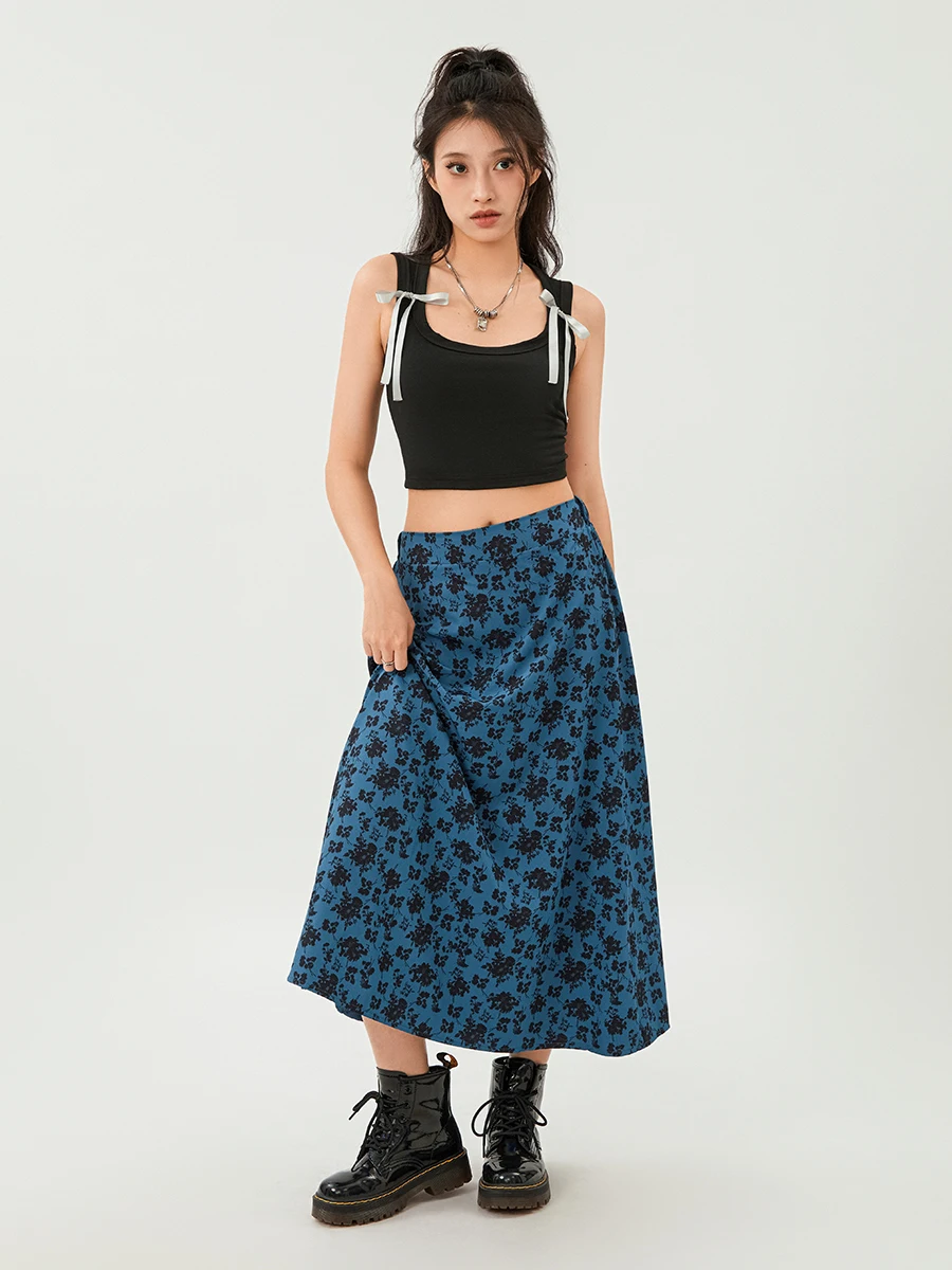 Y2k Women's Vintage Floral Print Midi Skirt Elastic High Waist Casual A-Line Skirt Harajuku Aesthetic Long Skirts for Party Club